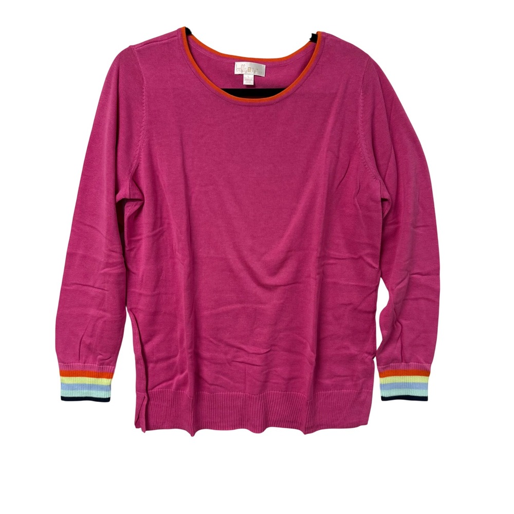 Belle by Kim Gravel Pink Rainbow Striped Cuff Sweater A676940 Large Womens